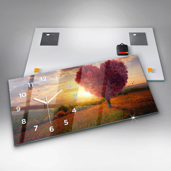 Glass wall clock rectangular Love Heart Tree