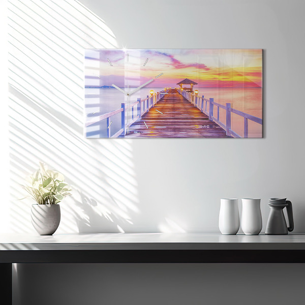 Glass wall clock rectangular The bridge in the port in the evening