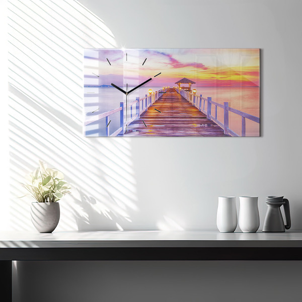 Glass wall clock rectangular The bridge in the port in the evening