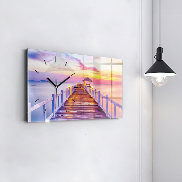 Glass wall clock rectangular The bridge in the port in the evening