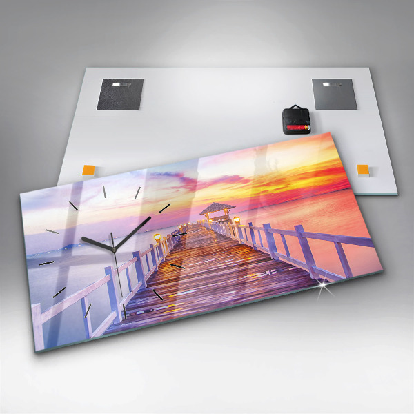 Glass wall clock rectangular The bridge in the port in the evening