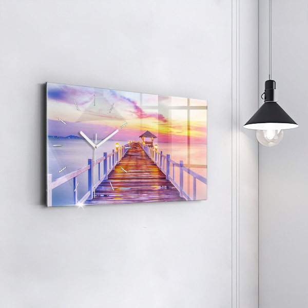 Glass wall clock rectangular The bridge in the port in the evening