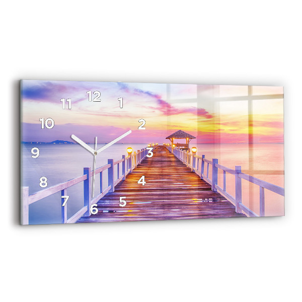 Glass wall clock rectangular The bridge in the port in the evening