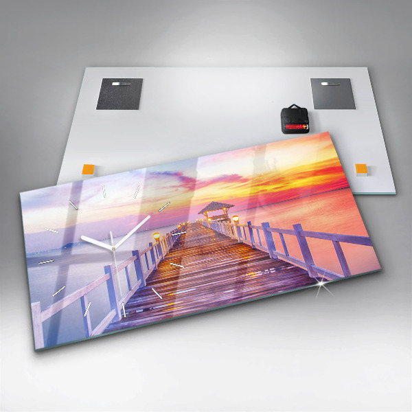 Glass wall clock rectangular The bridge in the port in the evening