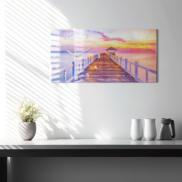 Glass wall clock rectangular The bridge in the port in the evening