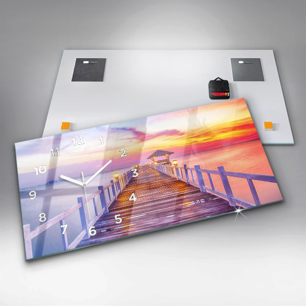 Glass wall clock rectangular The bridge in the port in the evening