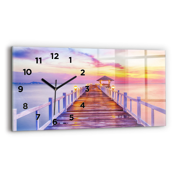 Glass wall clock rectangular The bridge in the port in the evening