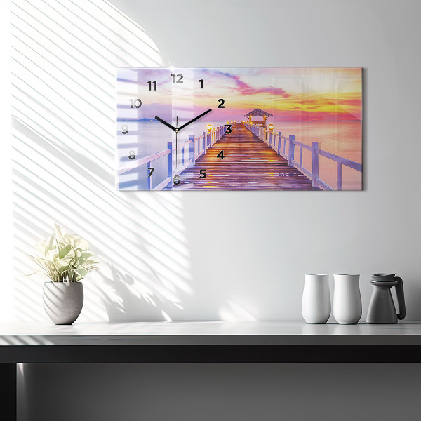 Glass wall clock rectangular The bridge in the port in the evening