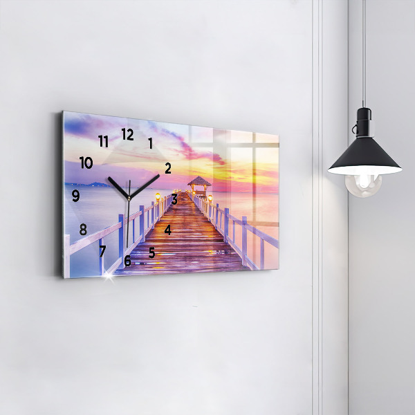 Glass wall clock rectangular The bridge in the port in the evening