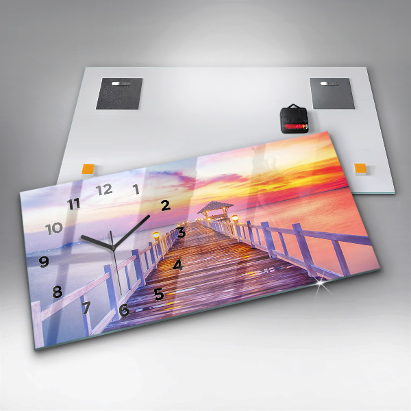 Glass wall clock rectangular The bridge in the port in the evening