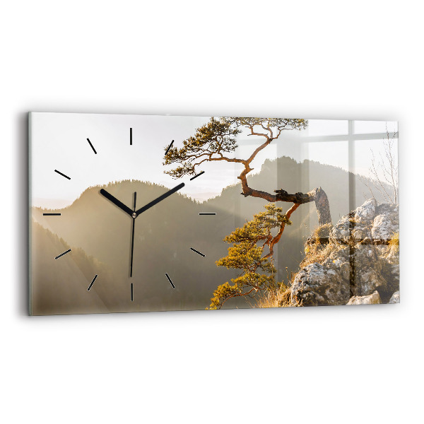 Glass wall clock rectangular A tree in the mountains