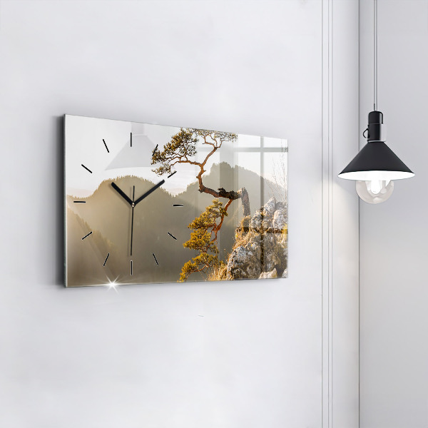 Glass wall clock rectangular A tree in the mountains
