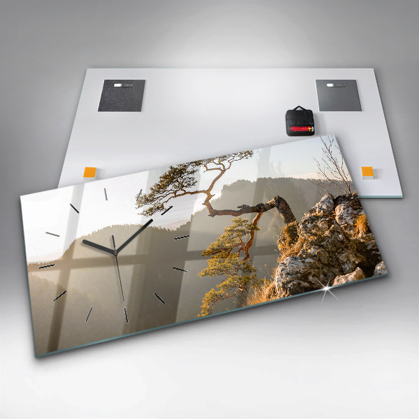 Glass wall clock rectangular A tree in the mountains