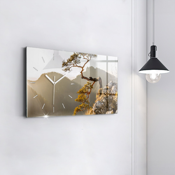 Glass wall clock rectangular A tree in the mountains