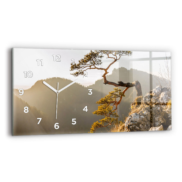 Glass wall clock rectangular A tree in the mountains