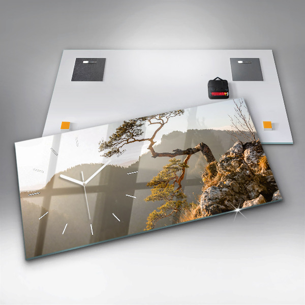 Glass wall clock rectangular A tree in the mountains