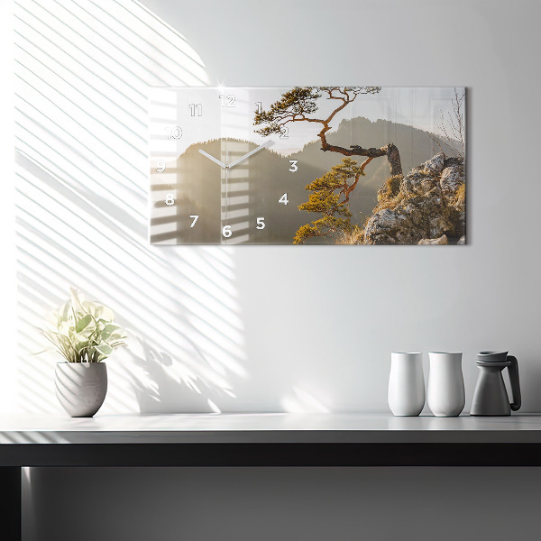 Glass wall clock rectangular A tree in the mountains