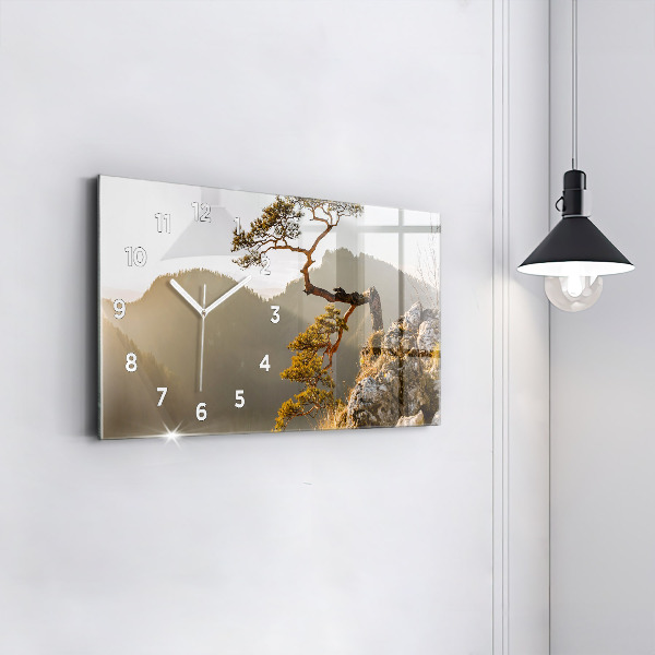 Glass wall clock rectangular A tree in the mountains