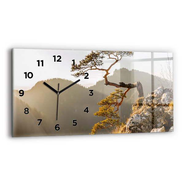 Glass wall clock rectangular A tree in the mountains