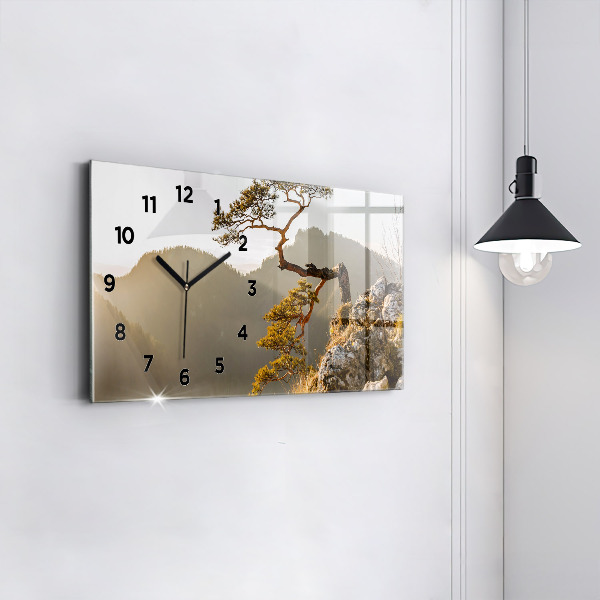 Glass wall clock rectangular A tree in the mountains