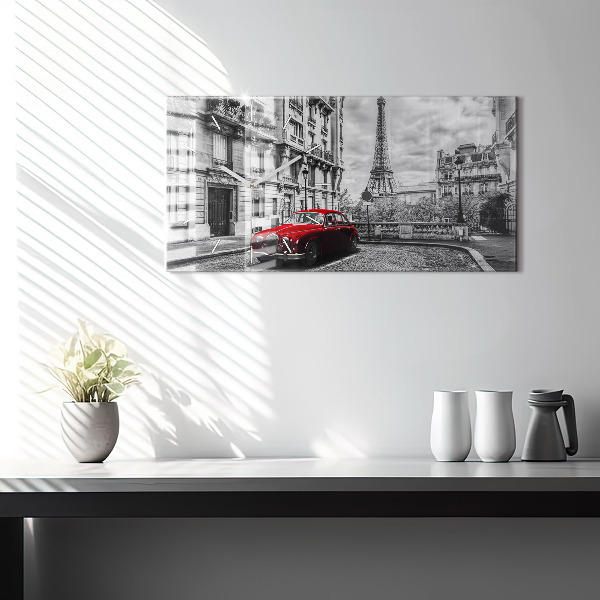 Glass wall clock rectangular Old car city
