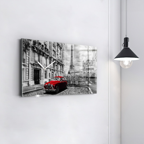 Glass wall clock rectangular Old car city