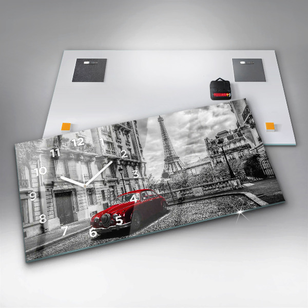 Glass wall clock rectangular Old car city