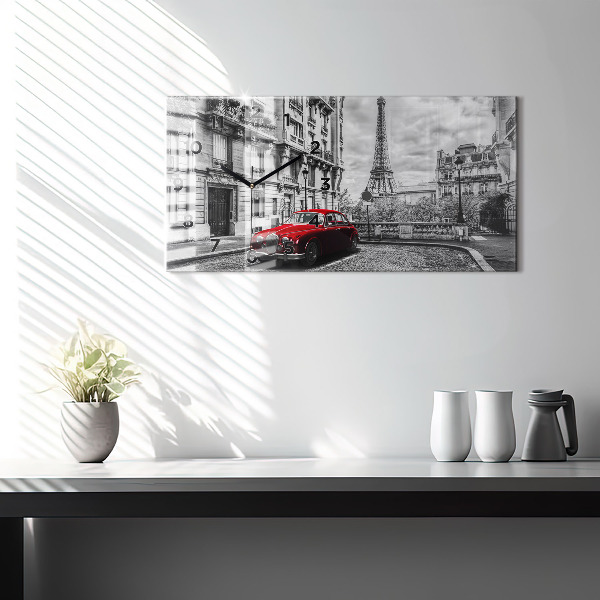 Glass wall clock rectangular Old car city