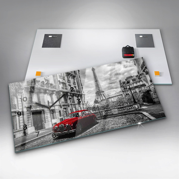 Glass wall clock rectangular Old car city