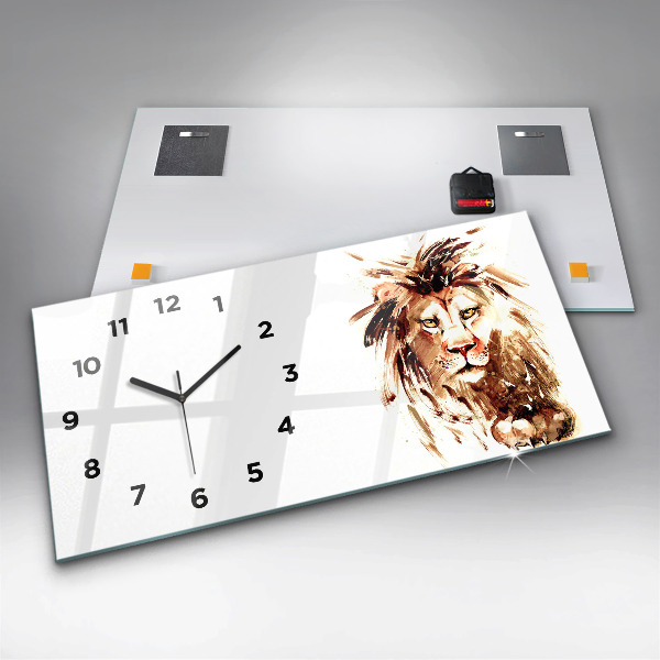Glass wall clock rectangular Illustration of a brown lion