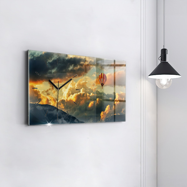 Glass wall clock rectangular Balloon flight in the clouds