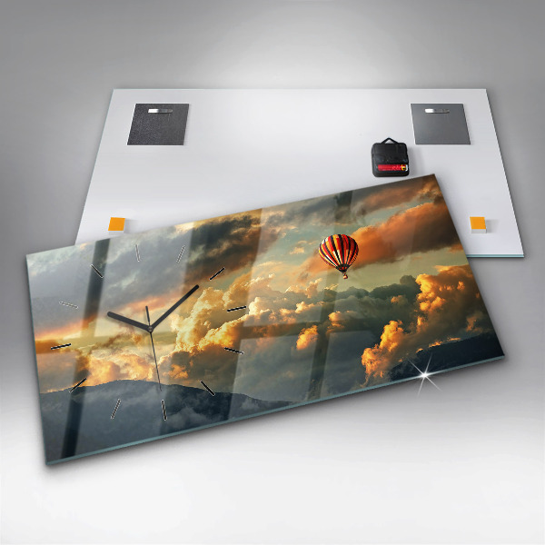 Glass wall clock rectangular Balloon flight in the clouds