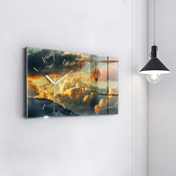 Glass wall clock rectangular Balloon flight in the clouds