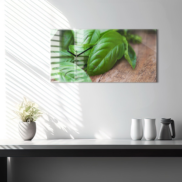 Glass wall clock rectangular Basil leaves