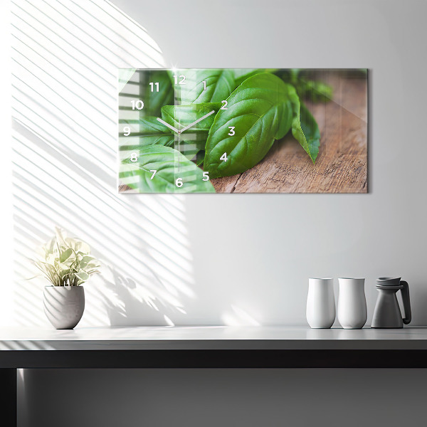 Glass wall clock rectangular Basil leaves