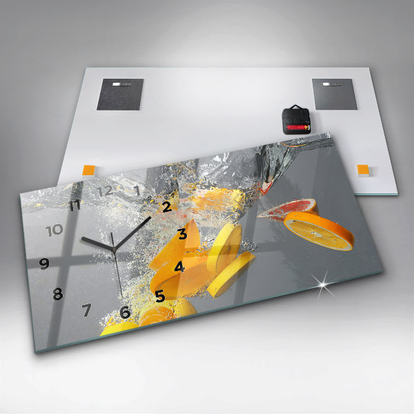 Glass wall clock rectangular Citrus in water