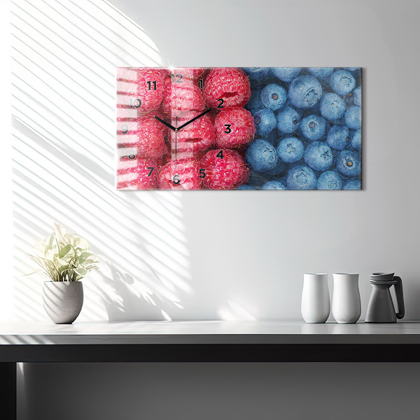 Glass wall clock rectangular Blueberries and raspberries