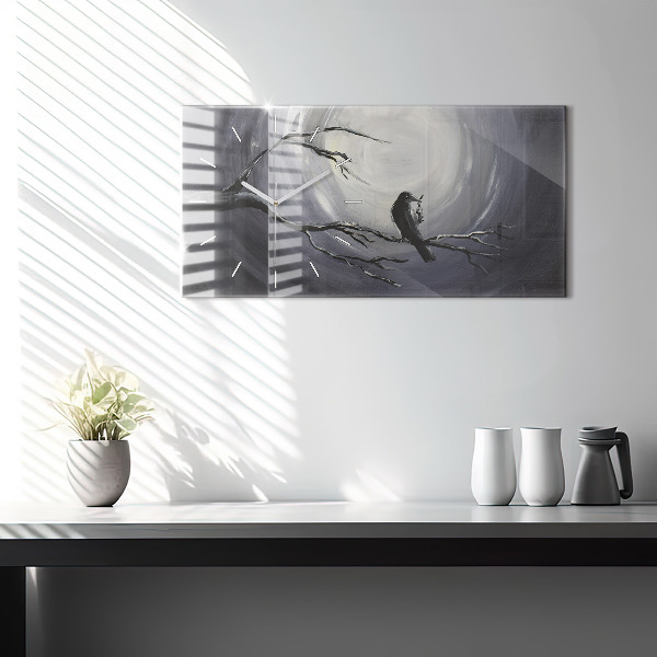 Glass wall clock rectangular Raven in the moonlight