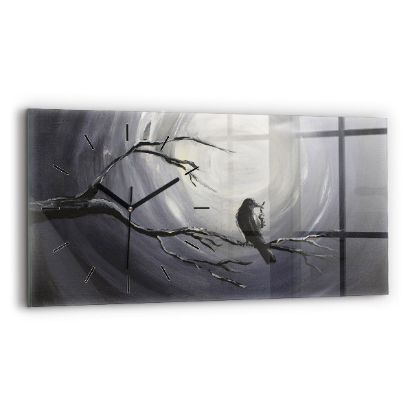 Glass wall clock rectangular Raven in the moonlight