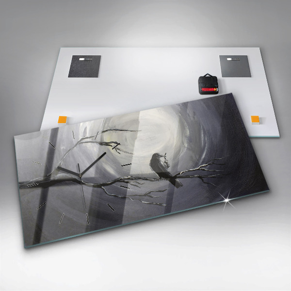 Glass wall clock rectangular Raven in the moonlight
