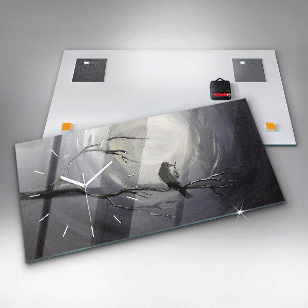 Glass wall clock rectangular Raven in the moonlight