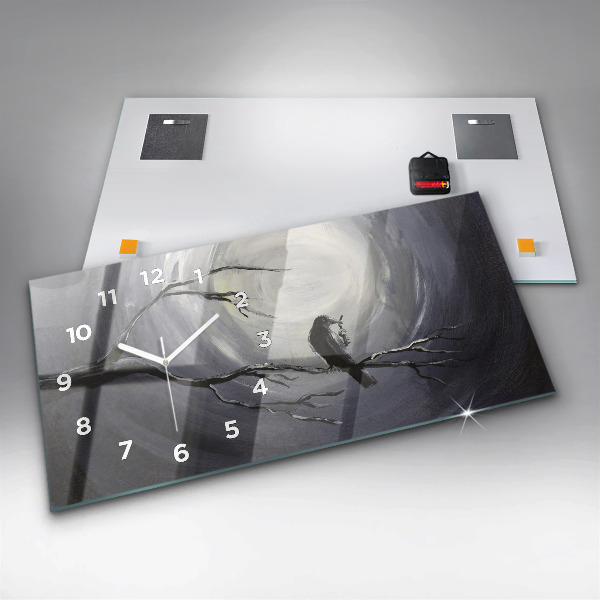 Glass wall clock rectangular Raven in the moonlight