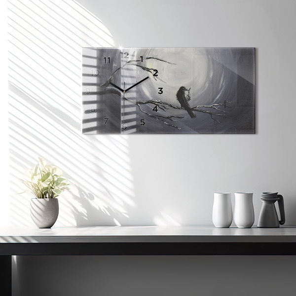 Glass wall clock rectangular Raven in the moonlight