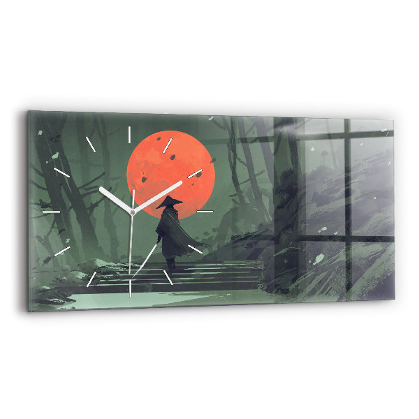 Glass wall clock rectangular Samurai in the forest