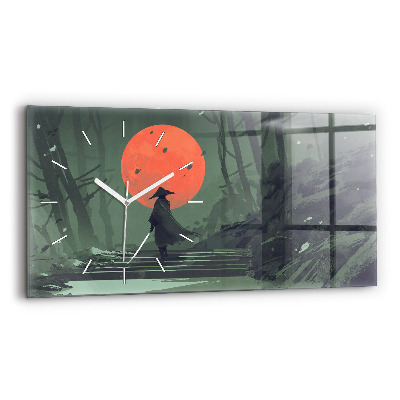 Glass wall clock rectangular Samurai in the forest