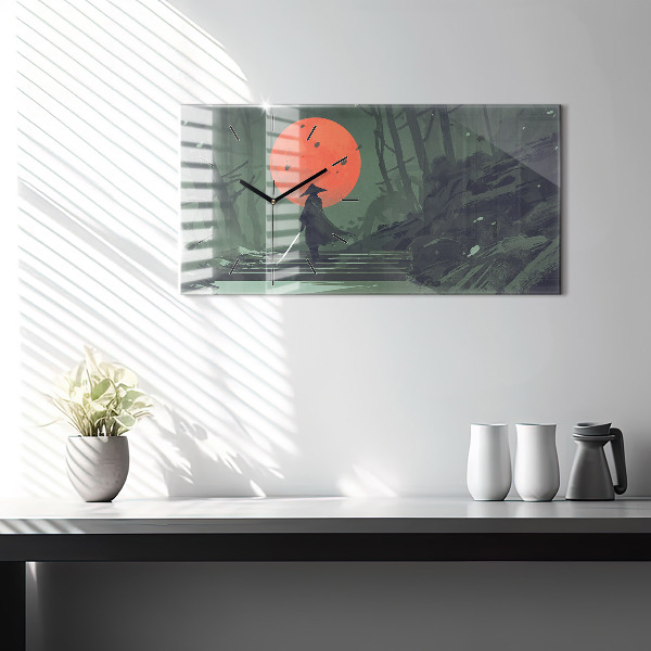 Glass wall clock rectangular Samurai in the forest