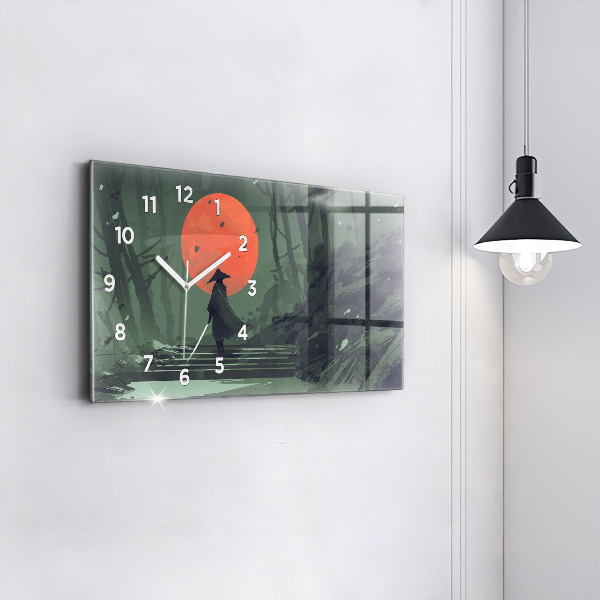 Glass wall clock rectangular Samurai in the forest