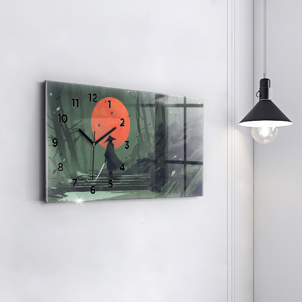 Glass wall clock rectangular Samurai in the forest
