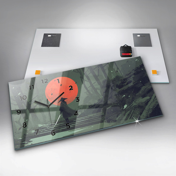 Glass wall clock rectangular Samurai in the forest