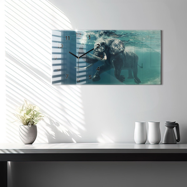 Glass wall clock rectangular Swimming elephant in the ocean